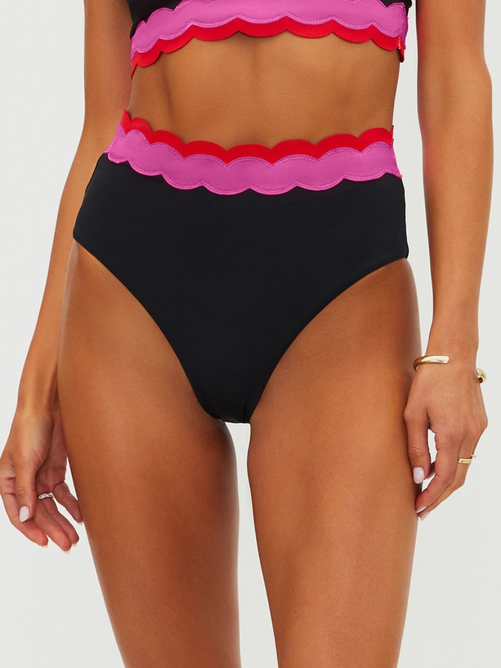 Beach riot Harriet High-Waist Black Bikini Bottom with Pink & Red Scalloped Trim